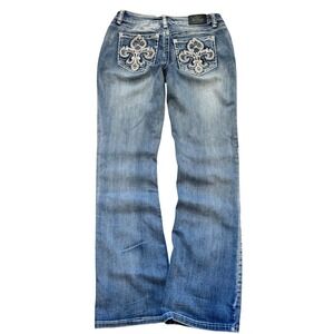 Love Indigo Premium Fleur De Lis Embroidered Bootcut Jeans Womens 8 Y2K Vibe